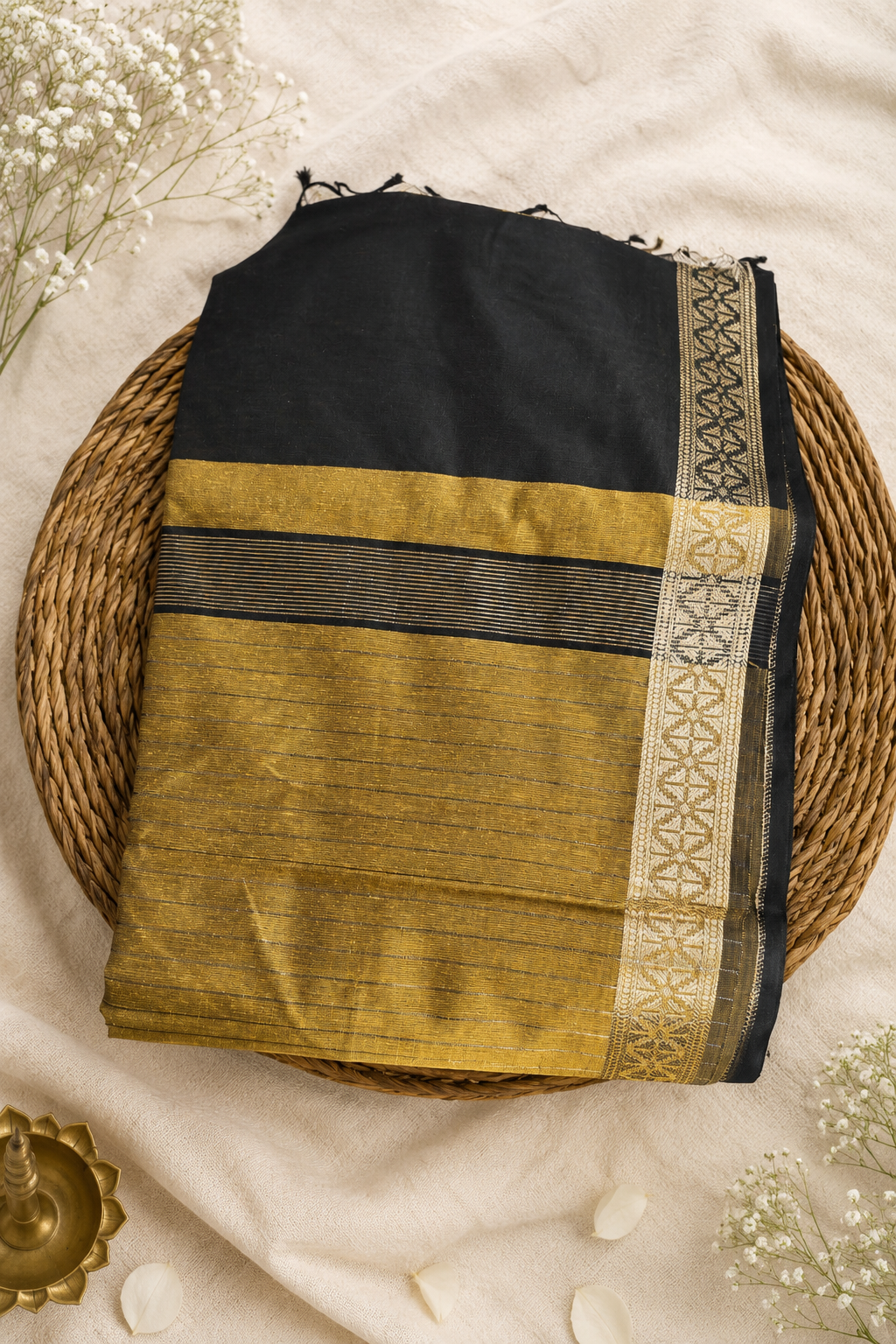 Pure Black Mangalagiri Cotton Saree with Rich Pallu & Running Blouse