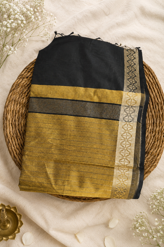 Pure Black Mangalagiri Cotton Saree with Rich Pallu & Running Blouse