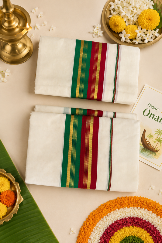 Kerala Cotton Double Mundu Set for Men | White Kasavu Mundu with Green & Red Border
