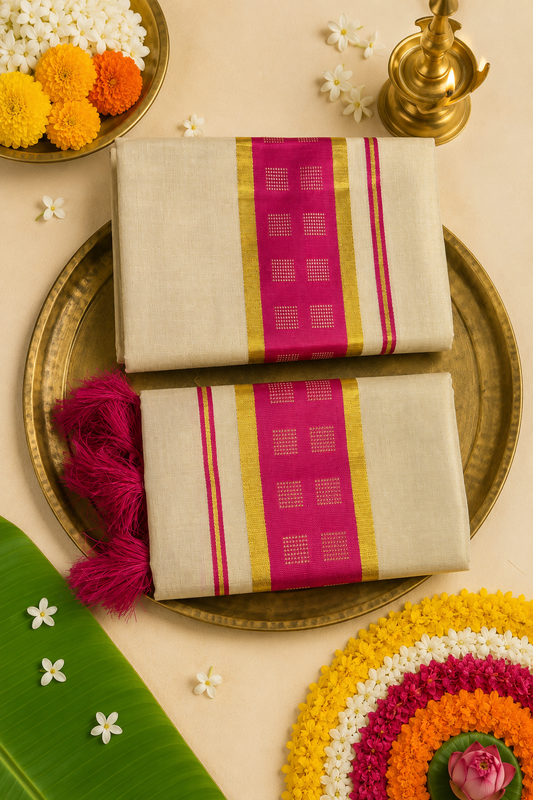 Kerala Tissue Single Set Mundu | White Kasavu Tissue Single Set Mundu with Pink & Gold Border