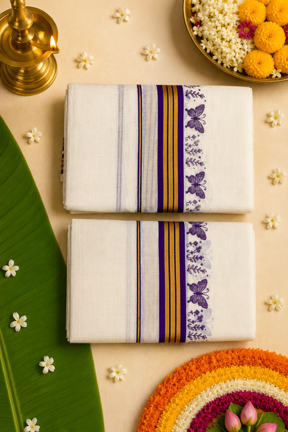 Premium Cotton Kasavu Single Set Mundu with Purple Butterfly Border | Traditional Kerala Festive Wear