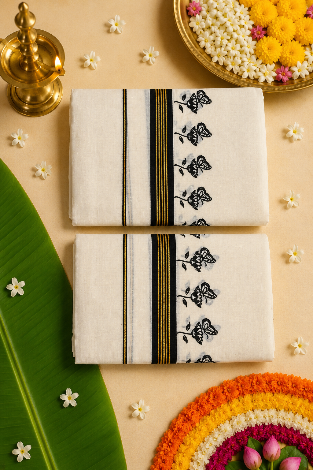 Premium Cotton Kasavu Single Set Mundu with Black Butterfly Border | Traditional Kerala Festive Wear