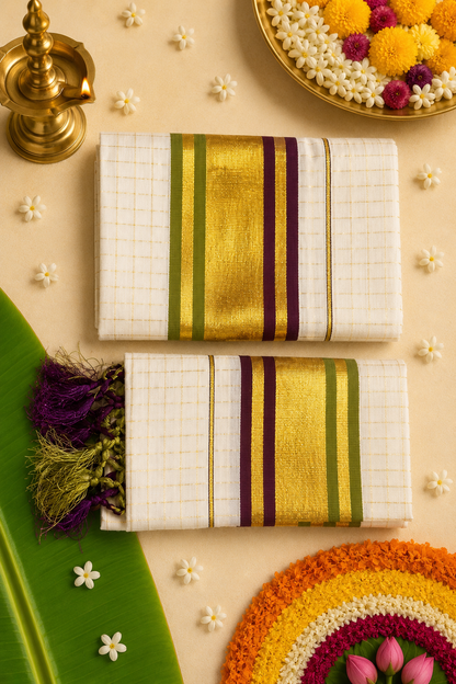 Premium Kasavu Single Set Mundu with Green & Purple Temple Border | Traditional Kerala Festive Wear