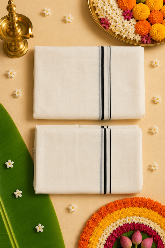 Puliyilakkara Single Set Mundu | Traditional White Kerala Set Mundu with Black Border