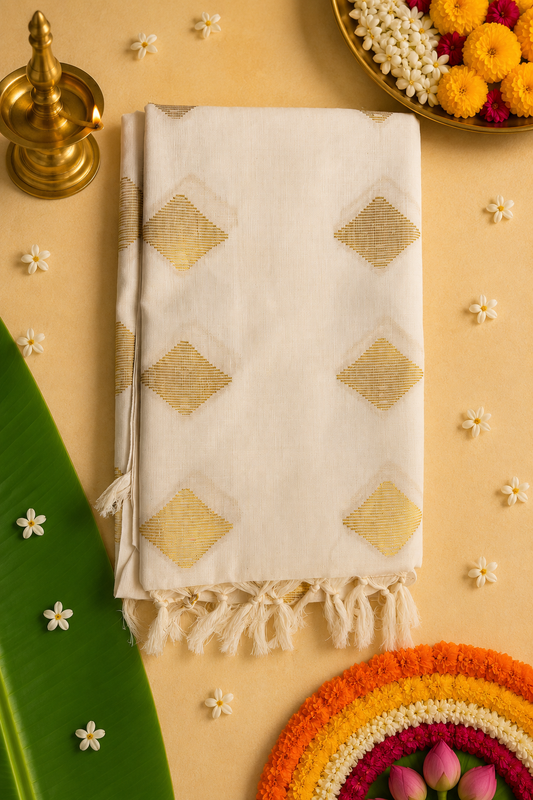 Premium Cotton No Border Kasavu Print Saree with Golden Diamond Motifs | Kerala Traditional Saree