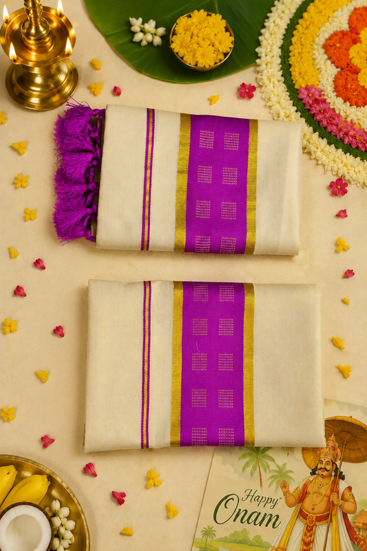 Kerala Tissue Single Set Mundu | White Kasavu Tissue Single Set Mundu with Purple & Gold Border
