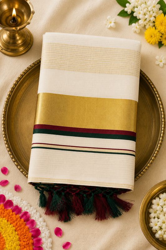 Premium Kerala Kasavu Saree with Traditional Gold Zari Border & Contrast Stripe | Onam Special Cotton Saree