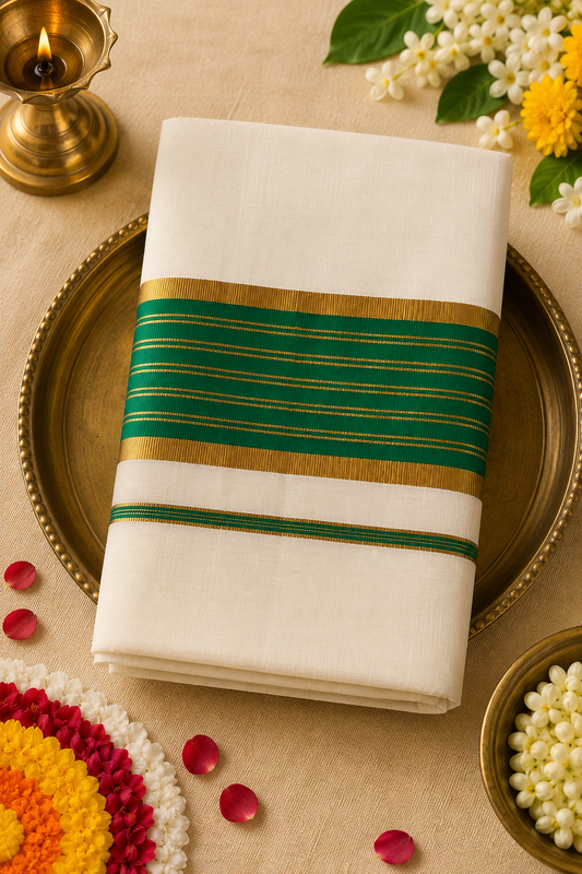 Premium Kerala Kasavu Saree with Emerald Green Zari Border | Traditional Cotton Onam Saree
