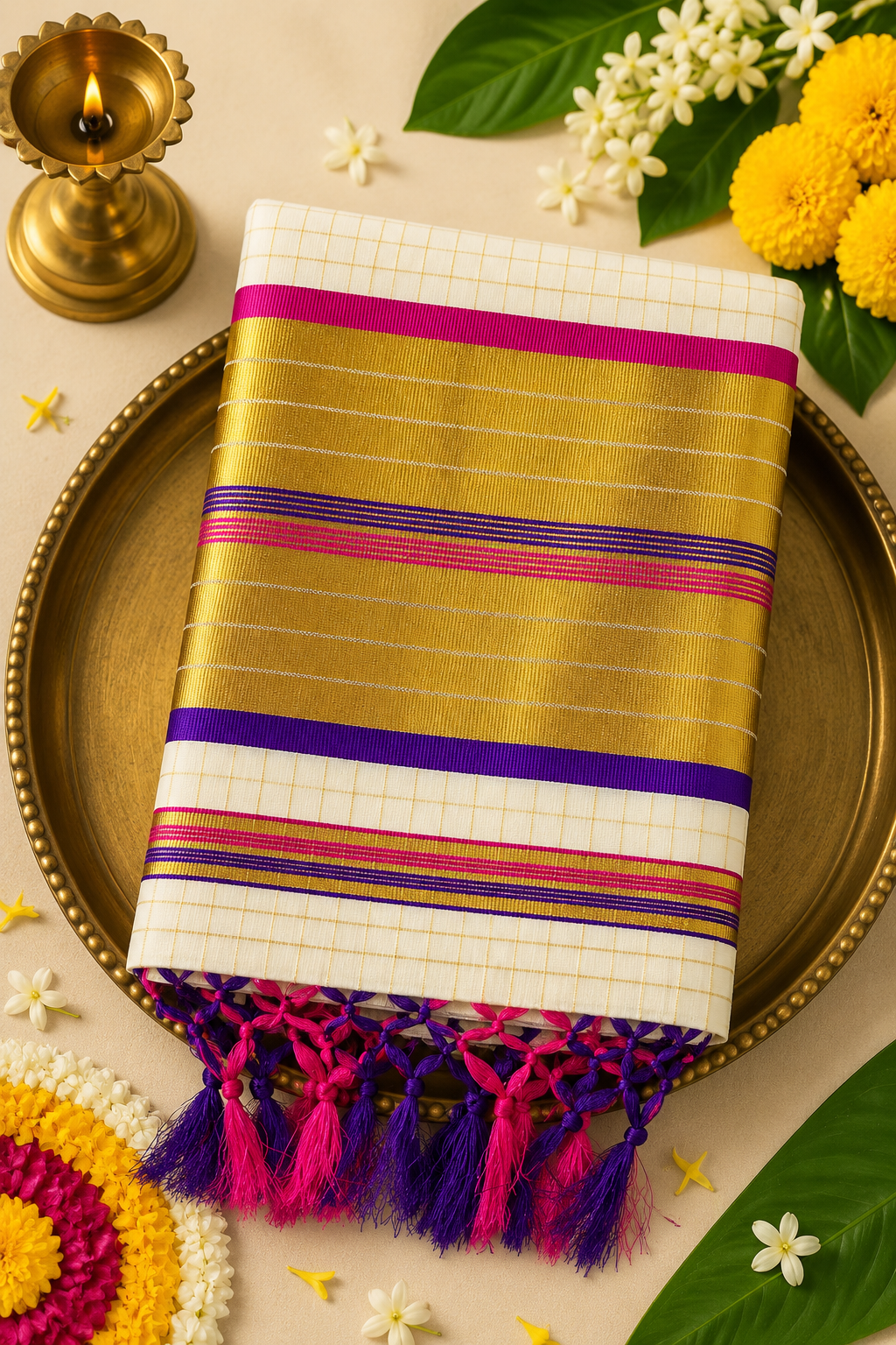 Premium Kerala Kasavu Saree with Pink & Royal Purple Zari Border | Traditional Cotton Onam Saree