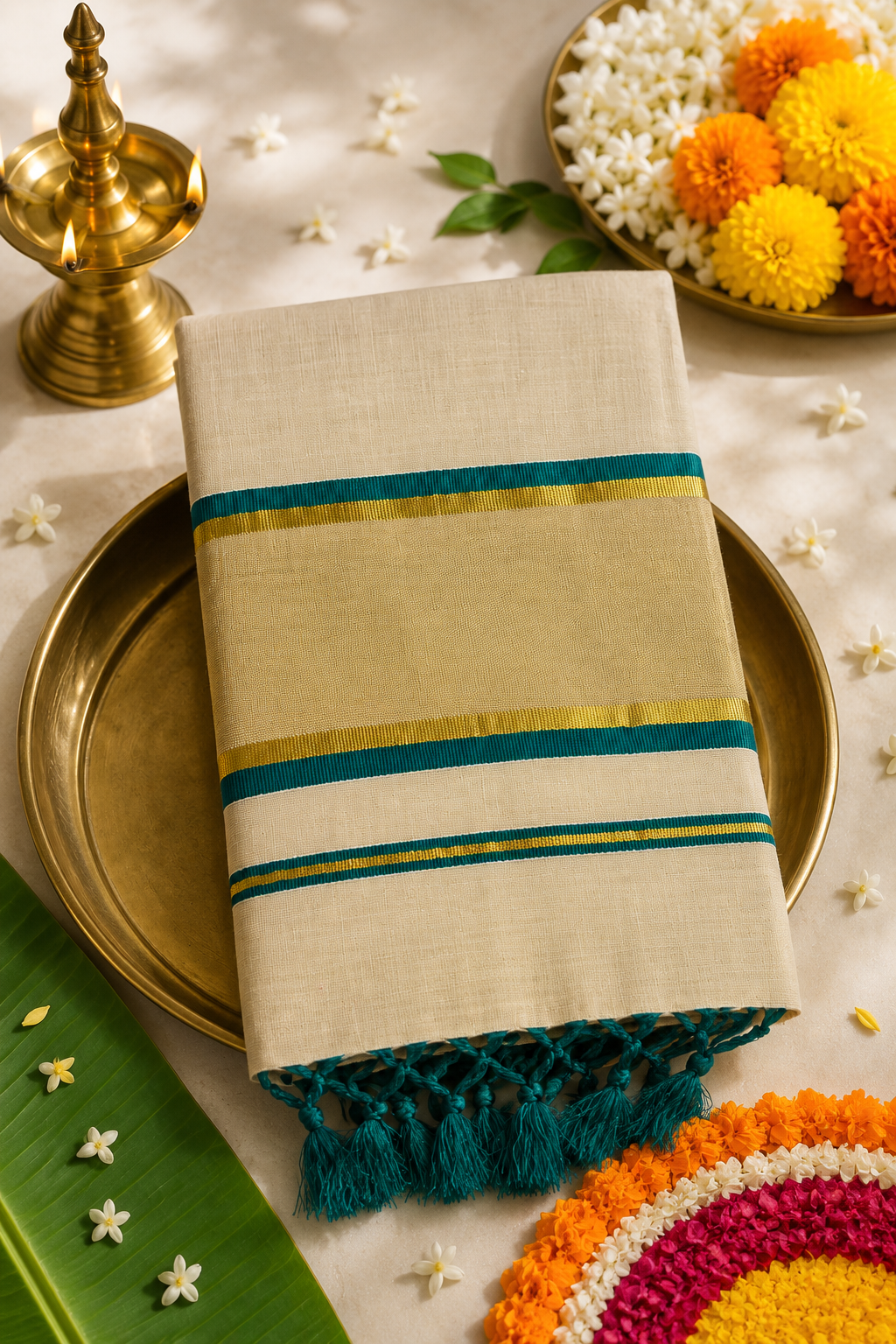 Premium Kerala Kasavu Tissue Saree with Teal Blue Border | Elegant Onam & Festive Wear