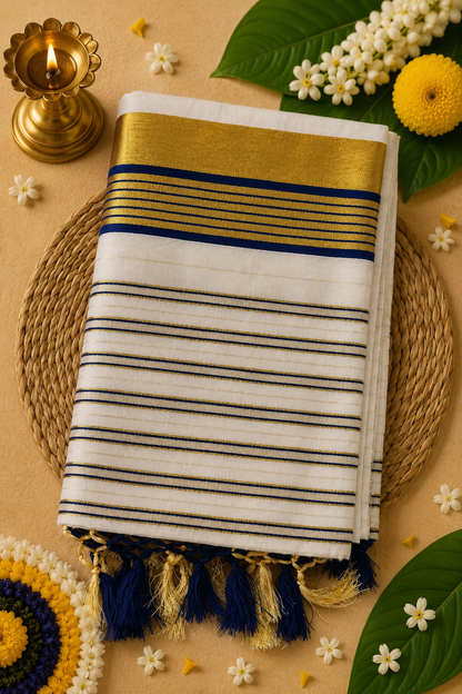 Premium Kerala Kasavu Saree with Running Blouse | Soft Cotton Blend | 5 Colour Variants | Festive & Traditional Wearing