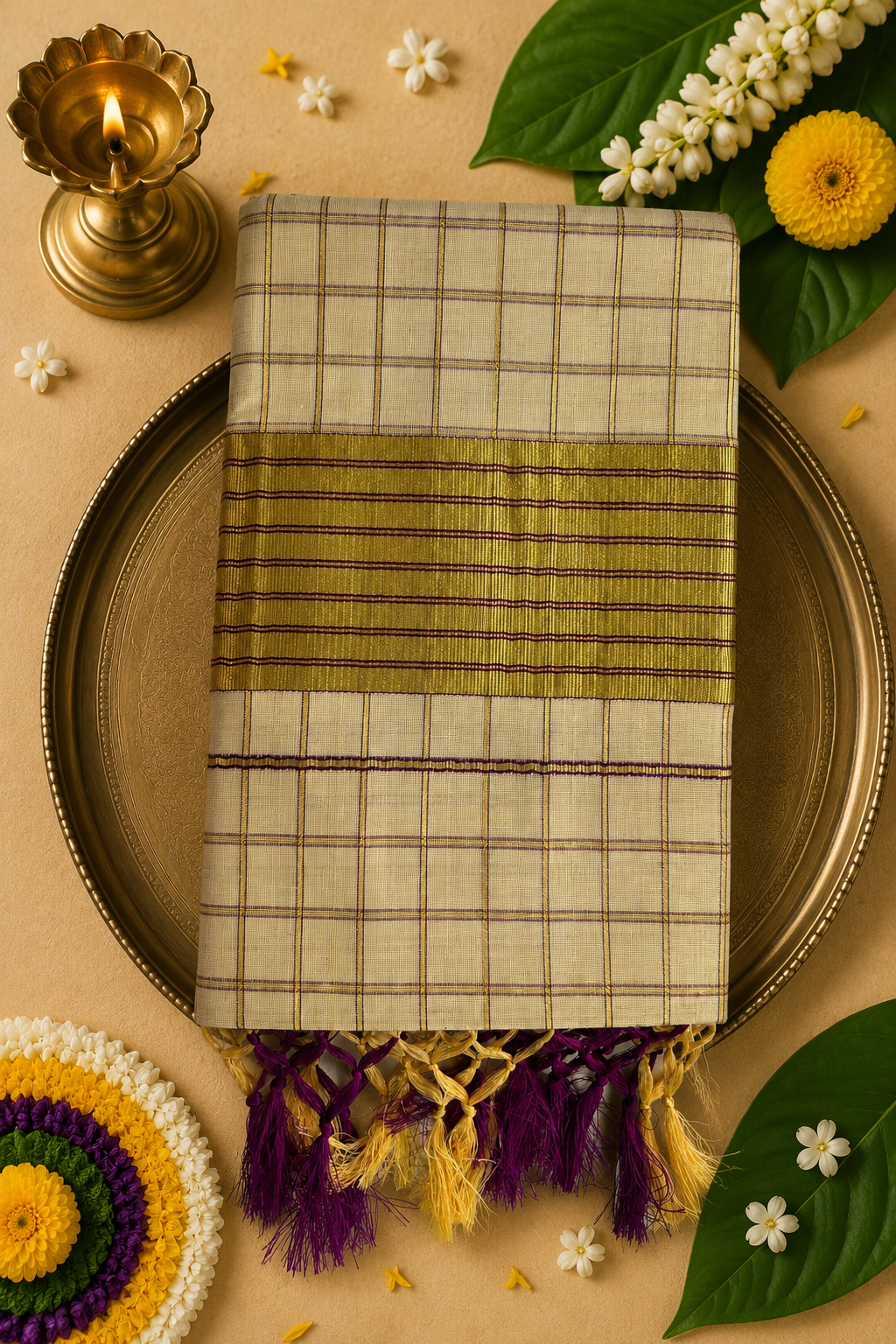 Premium Checked Tissue Kasavu Saree with Rich Golden Border & Running Blouse – Purple