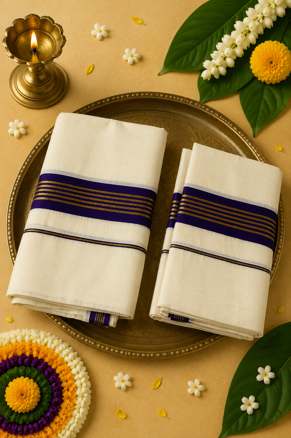 Premium Kerala Kasavu Set Mund with Royal Purple Border | Traditional Set Mund | Soft Cotton