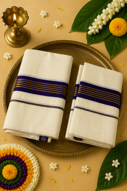 Premium Kerala Kasavu Set Mund with Royal Purple Border | Traditional Set Mund | Soft Cotton