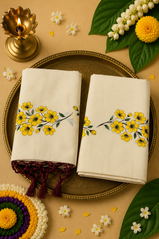 Hand-Painted Yellow Floral Set Mund | Premium Kerala Traditional Set Mund for Women