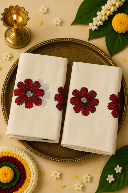 Hand-Painted Red Floral Set Mund | Premium Kerala Traditional Set Mund for Women