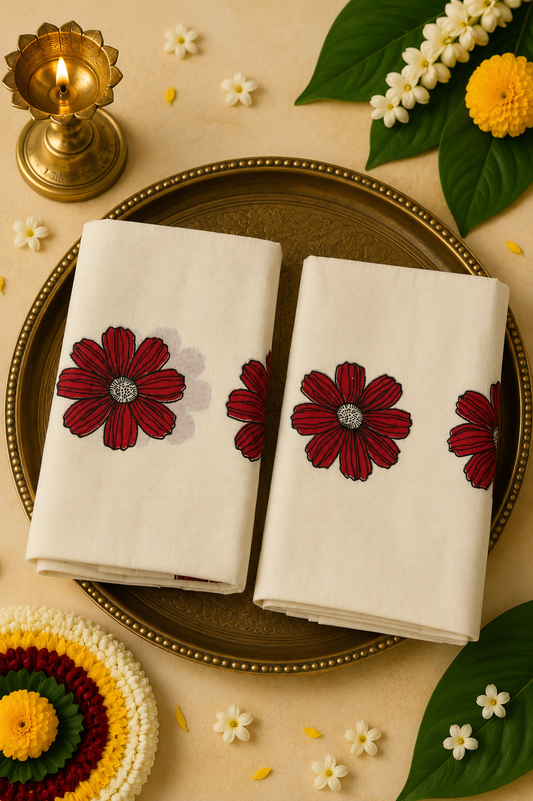 Hand-Painted Red Floral Set Mund | Premium Kerala Traditional Set Mund for Women