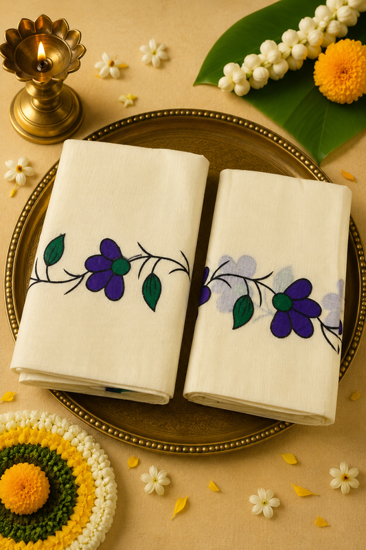 Hand-Painted Purple Floral Set Mund | Premium Kerala Traditional Set Mund for Women
