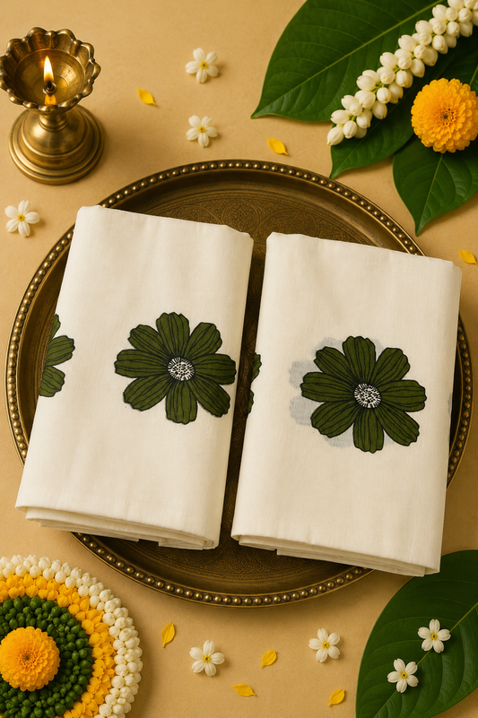 Hand-Painted Green Floral Set Mund | Premium Kerala Traditional Set Mund for Women