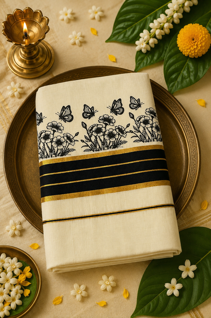 Hand-Painted Butterfly Floral Kasavu Set Saree | Premium Kerala Cotton Kasavu Saree