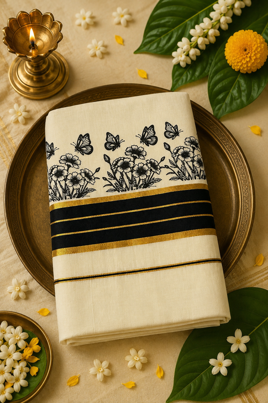 Hand-Painted Butterfly Floral Kasavu Set Saree | Premium Kerala Cotton Kasavu Saree