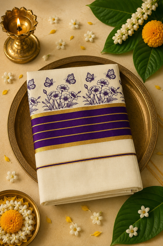 Hand-Painted Purple Butterfly Kasavu Set Saree | Premium Kerala Cotton Set Saree
