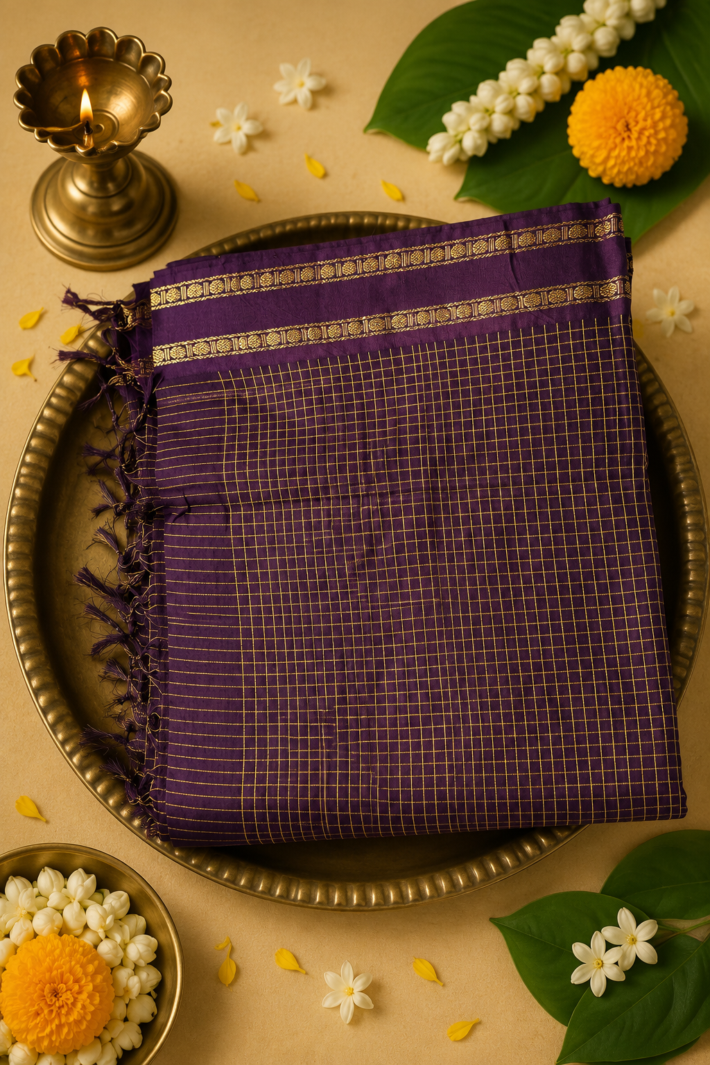 Classic Arani Pattu Cotton Saree | Checked Weave with Rich Zari Border | 4 Colour Variants