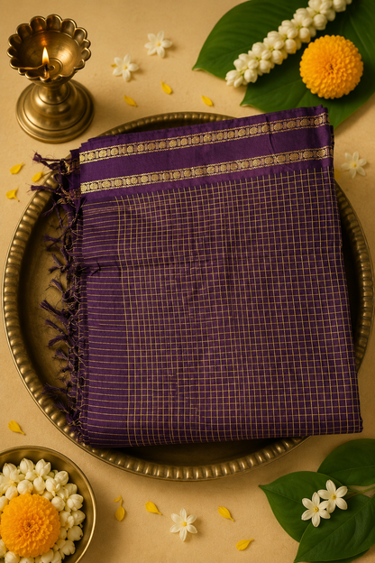 Classic Arani Pattu Cotton Saree | Checked Weave with Rich Zari Border | 4 Colour Variants