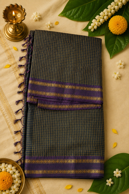 Classic Arani Pattu Cotton Saree | Checked Weave with Rich Zari Border | 4 Colour Variants
