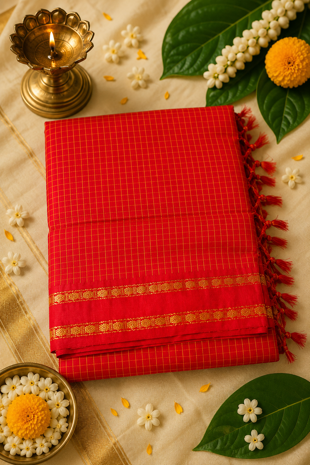 Classic Arani Pattu Cotton Saree | Checked Weave with Rich Zari Border | 4 Colour Variants