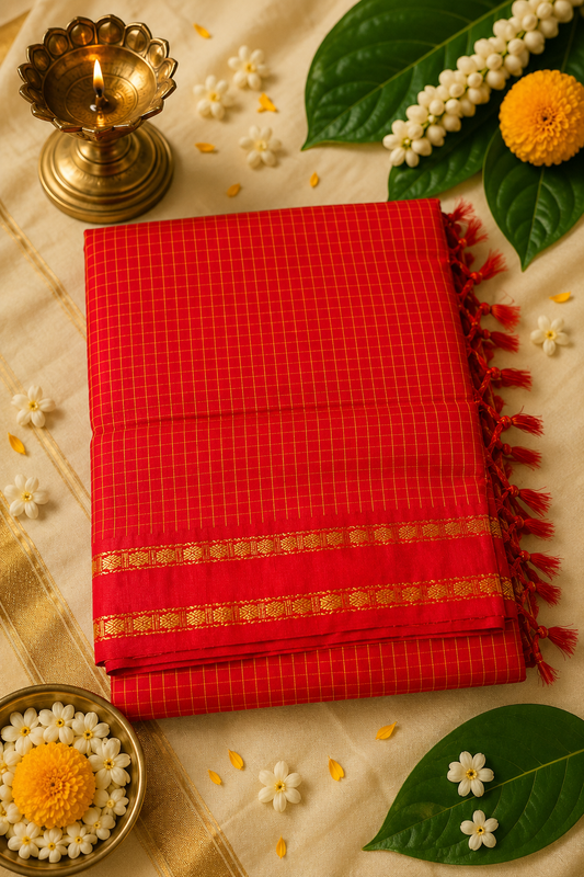 Classic Arani Pattu Cotton Saree | Checked Weave with Rich Zari Border | 4 Colour Variants