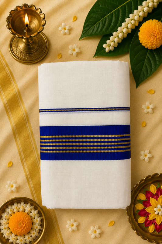 Premium Kerala Cotton Set Mund with Royal Blue Kara | Traditional Onam & Festive Wear