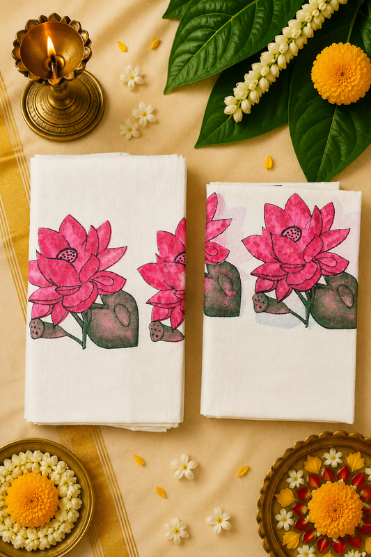 Premium Kerala Cotton Lotus Print Set Mund | Traditional Floral Set Mund | Festive & Casual Wear