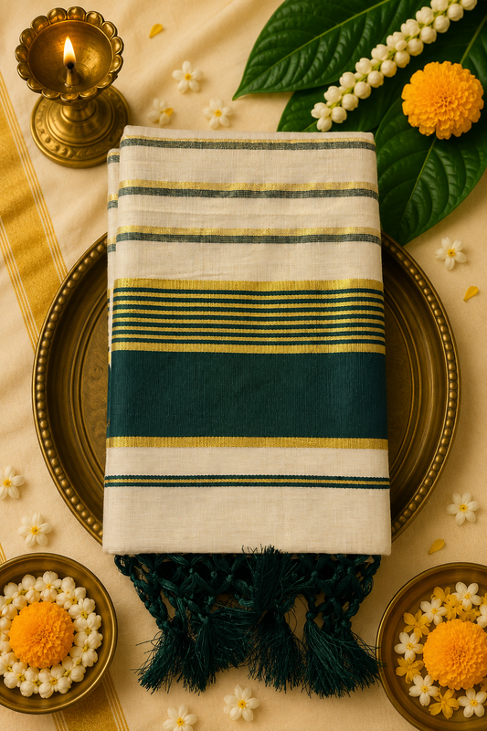 Premium Kerala Tissue Cotton Set Saree with Emerald Green Kasavu Border | Traditional Festive Wear
