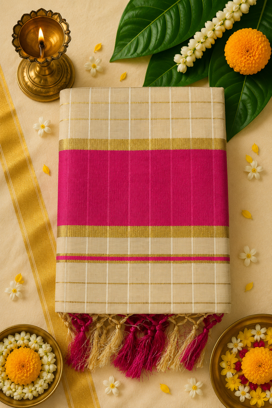 Premium Kerala Tissue Cotton Set Saree with Rich Colour Border & Running Blouse