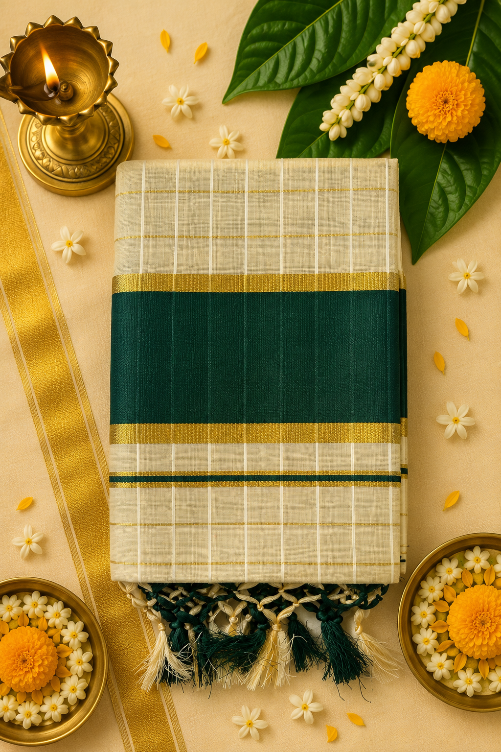 Premium Kerala Tissue Cotton Set Saree with Rich Colour Border & Running Blouse
