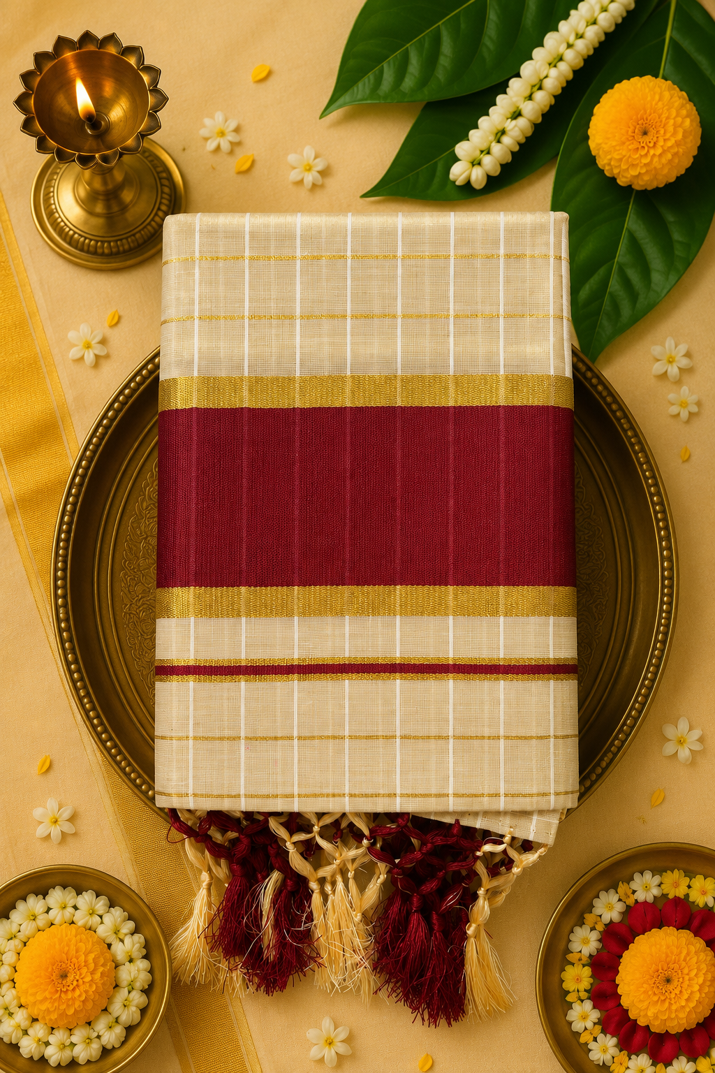 Premium Kerala Tissue Cotton Set Saree with Rich Colour Border & Running Blouse