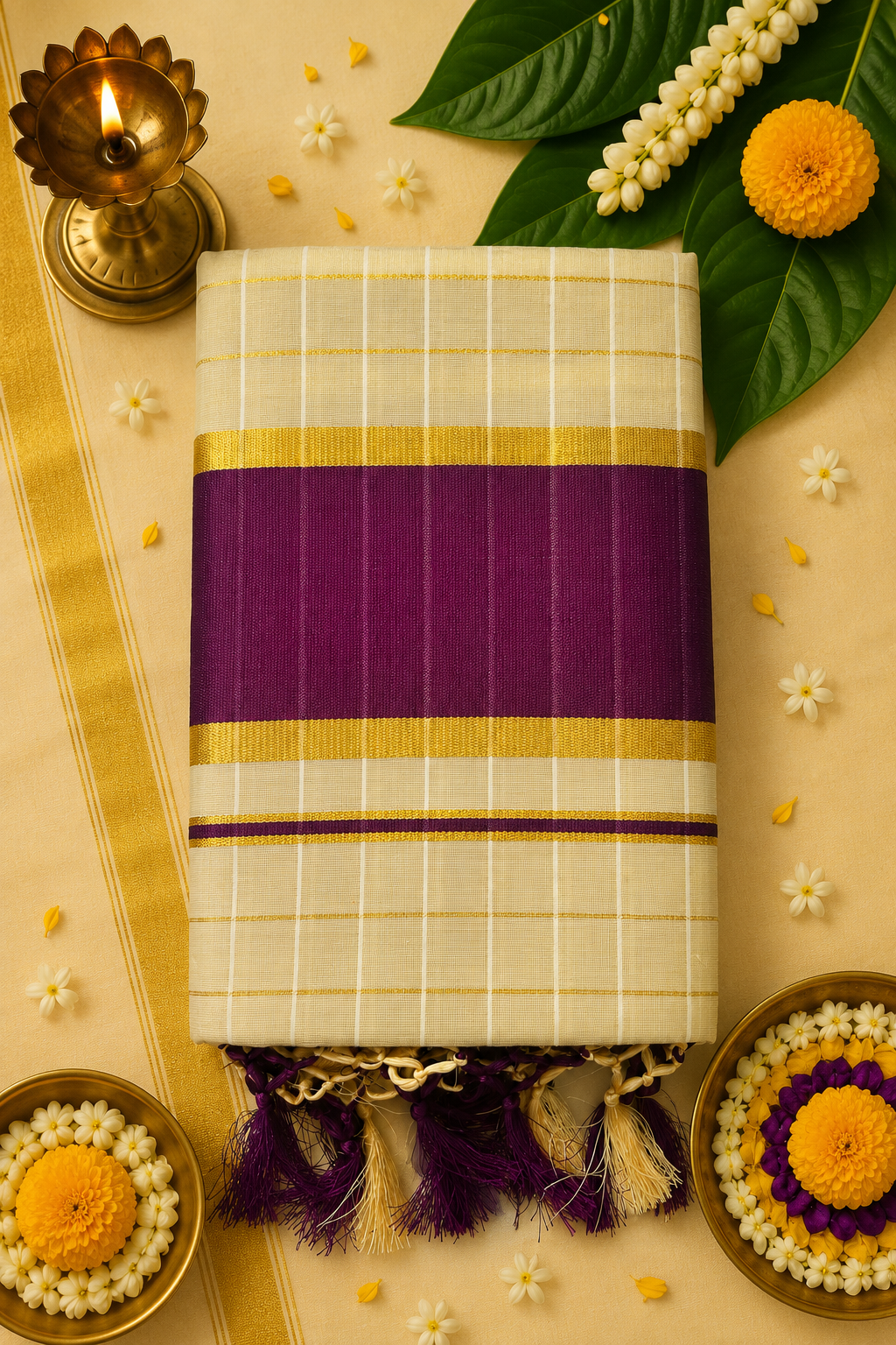 Premium Kerala Tissue Cotton Set Saree with Rich Colour Border & Running Blouse