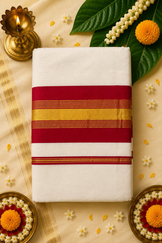 Premium Kerala Kasavu Saree with Rich Red & Gold Border | Traditional Cotton Saree with Running Blouse | 6.5 Meter