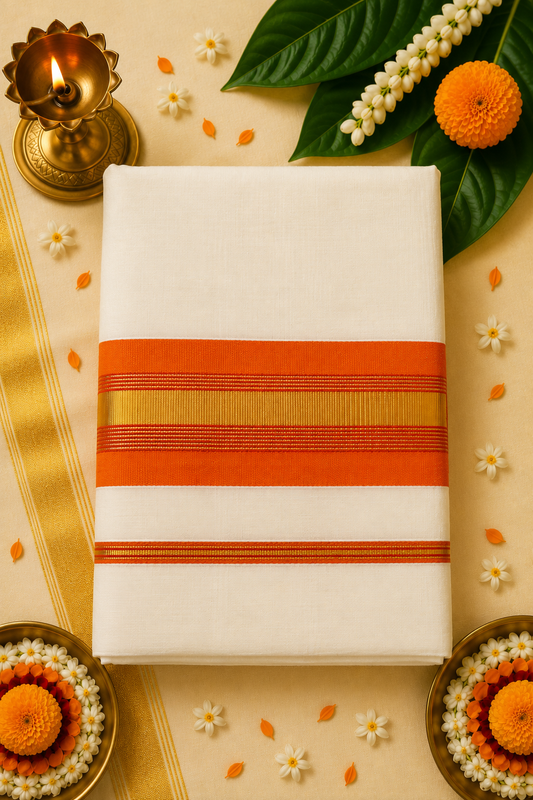 Premium Kerala Kasavu Saree with Bright Orange & Gold Border | Traditional Cotton Saree with Running Blouse | 6.5 Meters