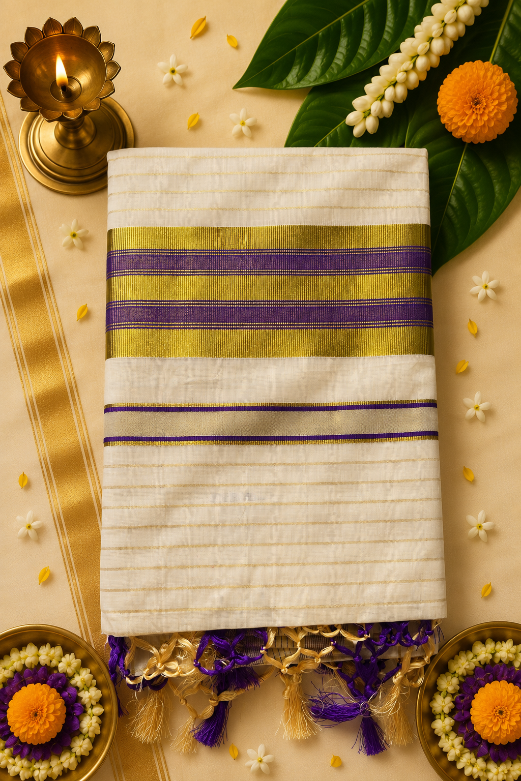 Premium Traditional Kasavu Saree | Gold Zari Border | Running Blouse | 6.5 Metres