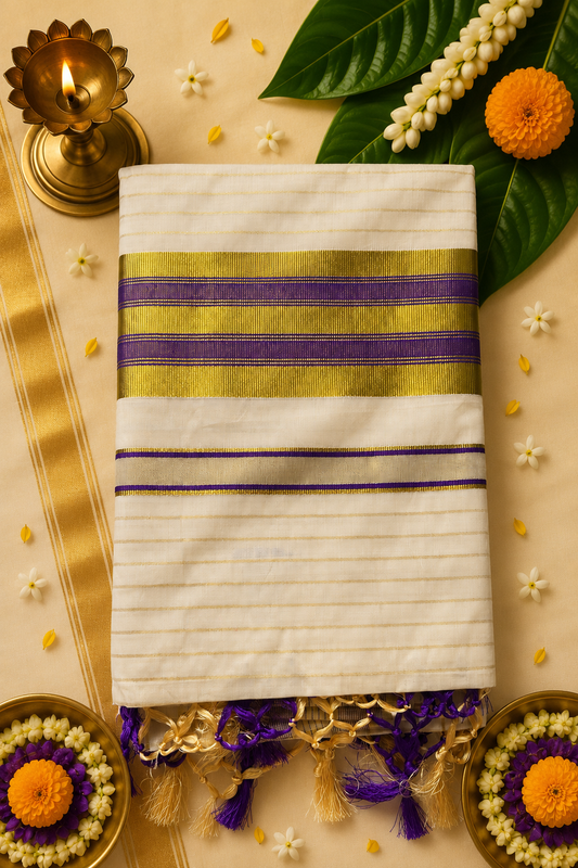 Premium Traditional Kasavu Saree | Gold Zari Border | Running Blouse | 6.5 Metres