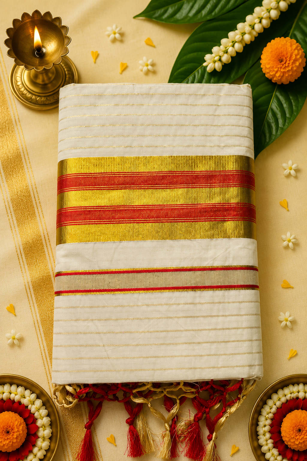 Premium Traditional Kasavu Saree | Gold Zari Border | Running Blouse | 6.5 Metres