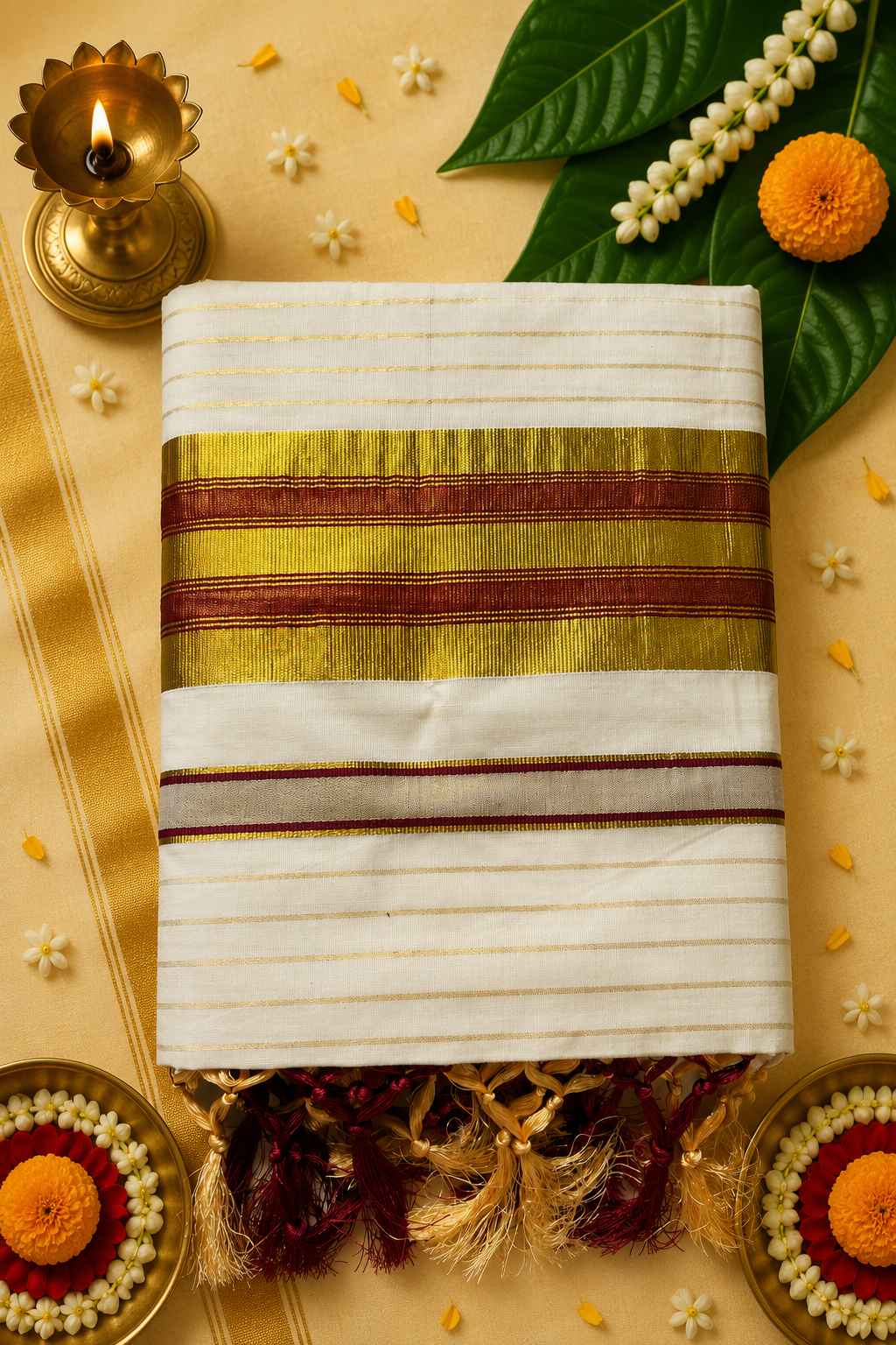 Premium Traditional Kasavu Saree | Gold Zari Border | Running Blouse | 6.5 Metres