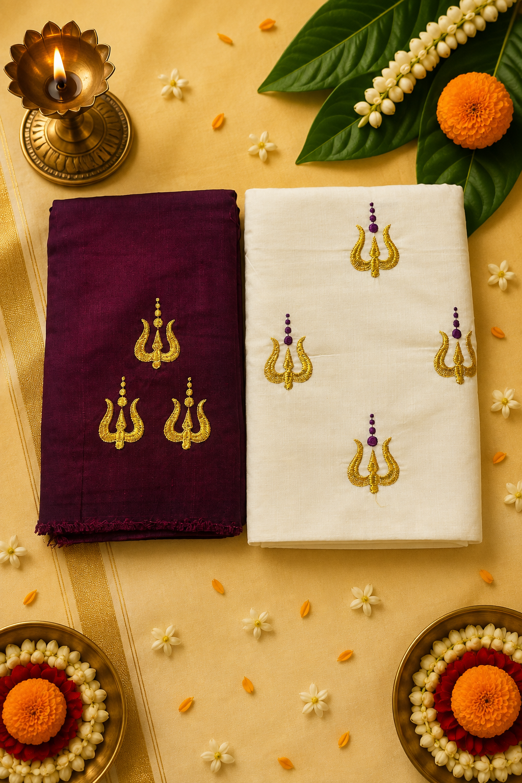 Onam Special Trishul Embroidered Kerala Cotton Saree with Matching Blouse Piece | Premium Festive Wear