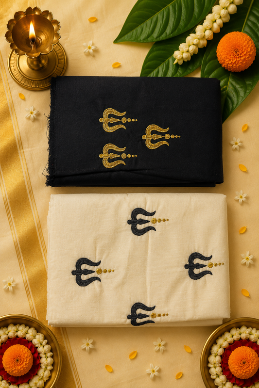 Onam Special Trishul Embroidered Kerala Cotton Saree with Matching Blouse Piece | Premium Festive Wear
