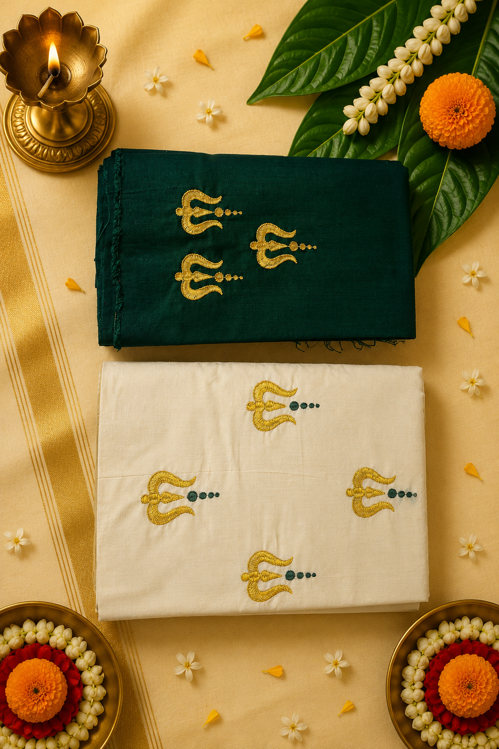 Onam Special Trishul Embroidered Kerala Cotton Saree with Matching Blouse Piece | Premium Festive Wear