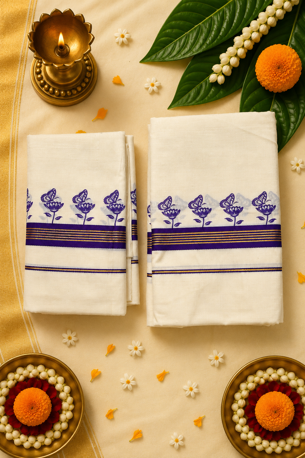 Premium Butterfly Print Kasavu Set Mund | Traditional Kerala Onam Set Mund with Gold Zari Border