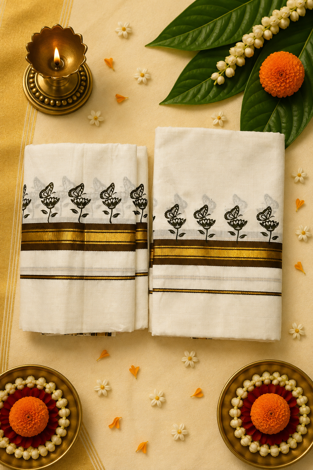 Premium Butterfly Print Kasavu Set Mund | Traditional Kerala Onam Set Mund with Gold Zari Border