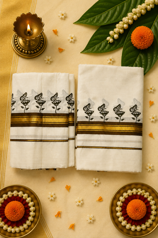 Premium Butterfly Print Kasavu Set Mund | Traditional Kerala Onam Set Mund with Gold Zari Border